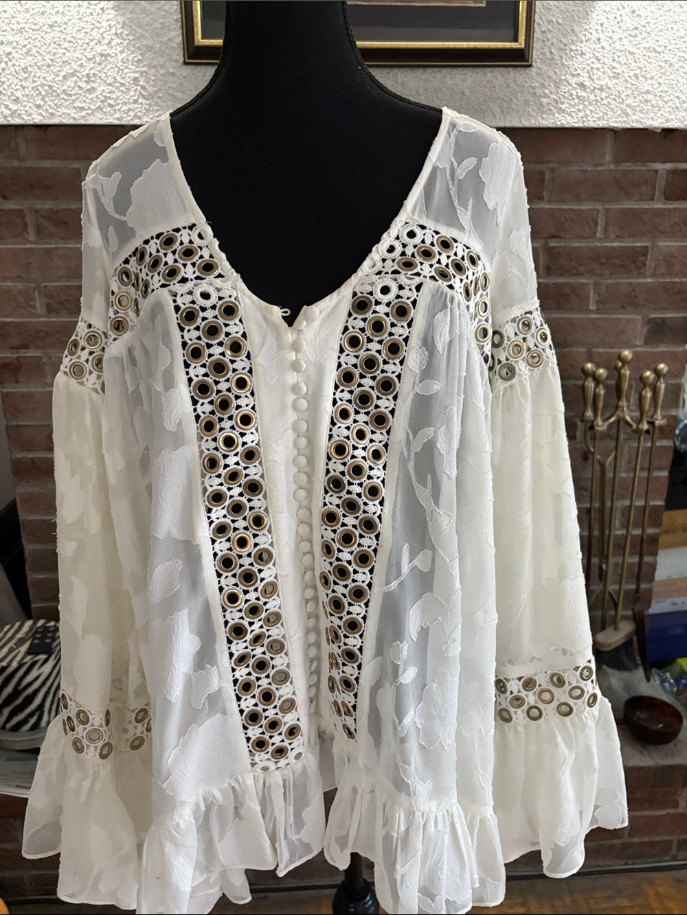 Ivory Embroidered Peasant Blouse with Eyelet Trim